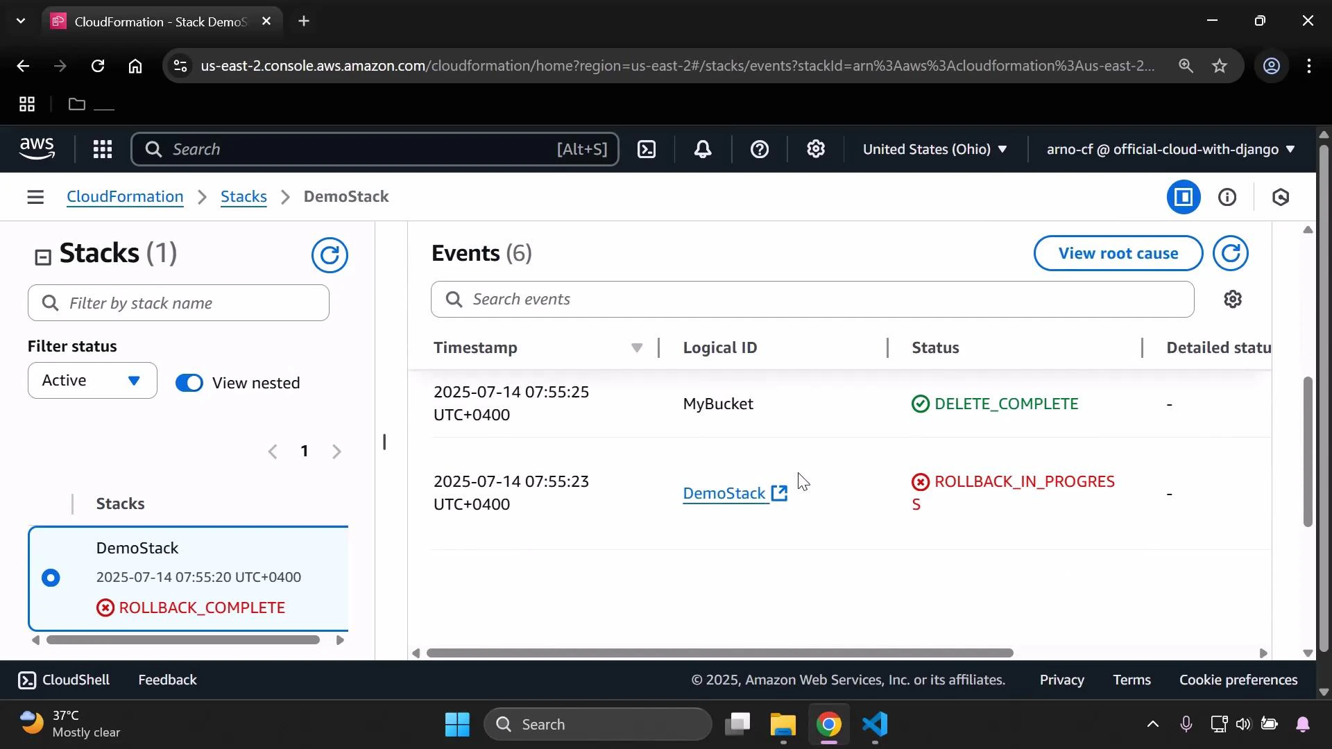A screenshot of the AWS CloudFormation console showing the Stacks and Events panes. The selected stack "DemoStack" is marked ROLLBACK_COMPLETE, with recent events showing a MyBucket DELETE_COMPLETE and a ROLLBACK_IN_PROGRESS entry.