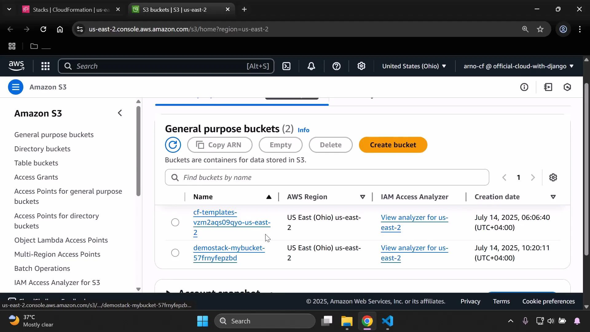 A screenshot of the Amazon S3 console showing the "General purpose buckets" view with two buckets listed (cf-templates-... and demostack-mybucket-...), both in the US East (Ohio) us-east-2 region with creation dates. The left sidebar displays S3 navigation options and there's a prominent "Create bucket" button at the top.