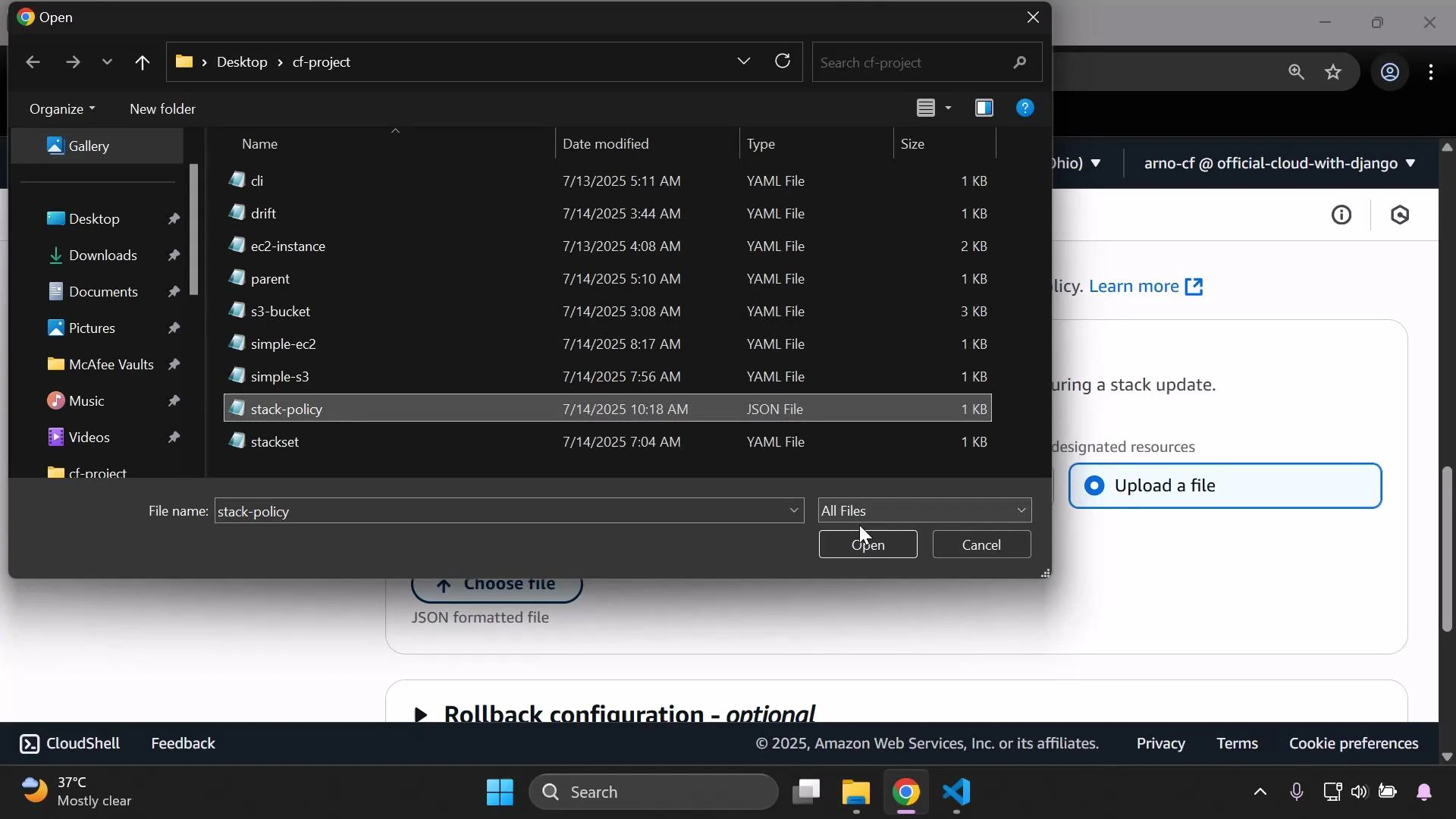 A Windows file-open dialog displays a "cf-project" folder with several YAML files and a highlighted "stack-policy" JSON file. In the background an AWS CloudFormation page is visible with the "Upload a file" option.