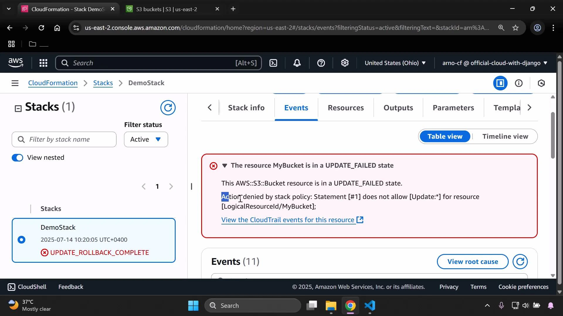 A screenshot of the AWS CloudFormation console showing a stack named "DemoStack" with an ERROR: the S3 bucket resource "MyBucket" is in an UPDATE_FAILED state (update denied by stack policy), and the stack status shows UPDATE_ROLLBACK_COMPLETE.