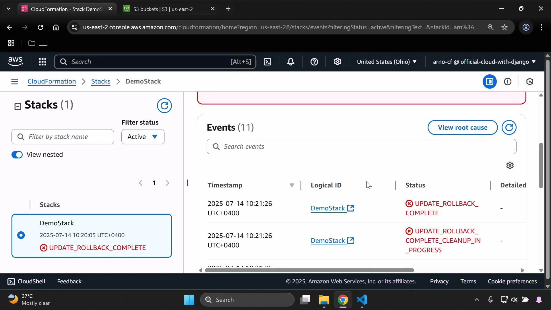 Screenshot of the AWS CloudFormation console showing a stack named "DemoStack" marked as UPDATE_ROLLBACK_COMPLETE. The Events panel on the right lists timestamps and rollback-related status entries.