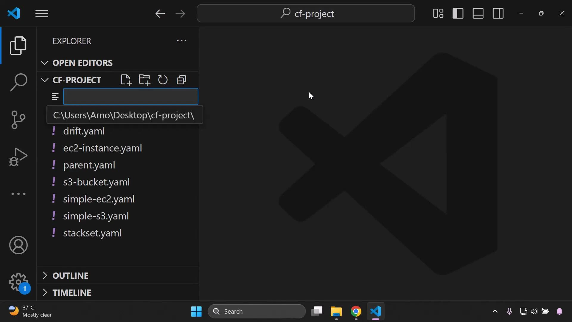 A screenshot of Visual Studio Code with the Explorer open showing a "cf-project" folder listing several YAML files (drift.yaml, ec2-instance.yaml, parent.yaml, s3-bucket.yaml, simple-ec2.yaml, simple-s3.yaml, stackset.yaml). The editor uses a dark theme and the large VS Code logo is visible in the main area.