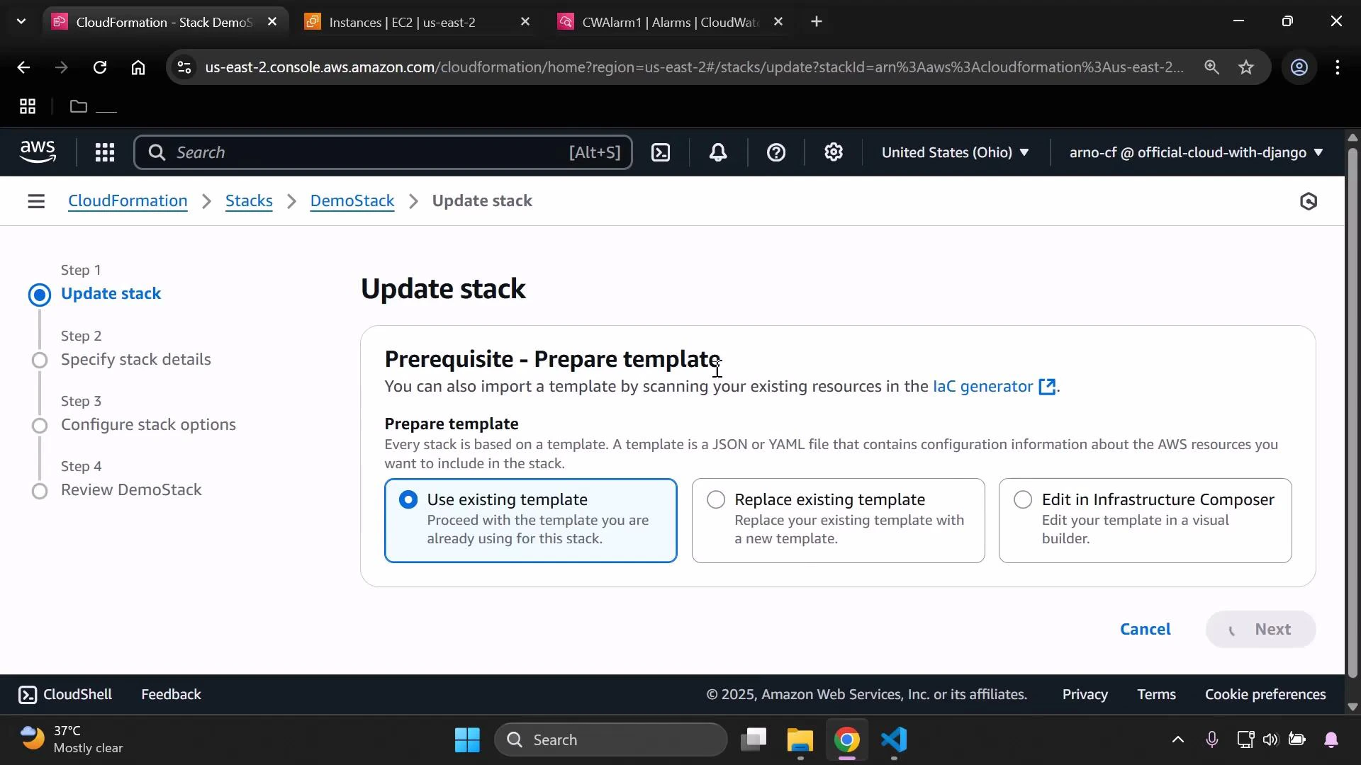 A screenshot of the AWS CloudFormation console on the "Update stack" page showing the "Prerequisite - Prepare template" step with three template options (the "Use existing template" option selected). The left sidebar shows the update workflow steps (Update stack, Specify stack details, Configure stack options, Review DemoStack).