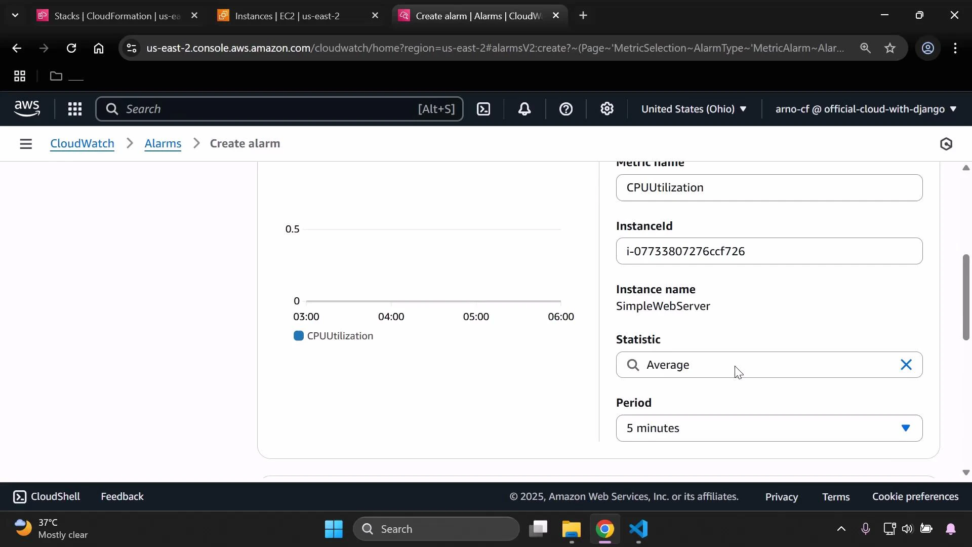 A screenshot of the AWS CloudWatch "Create alarm" page showing a CPUUtilization metric for an EC2 instance (InstanceId i-07733807276ccf726, name SimpleWebServer) with the statistic set to Average and a 5-minute period, and a small chart showing near-zero CPU usage.