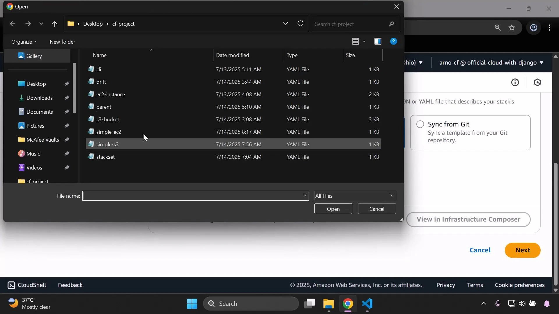 A dark-themed Windows file-open dialog showing a "cf-project" folder listing YAML files (e.g., simple-s3, s3-bucket, ec2-instance). The dialog is over an AWS web console page with a "Sync from Git" option visible.