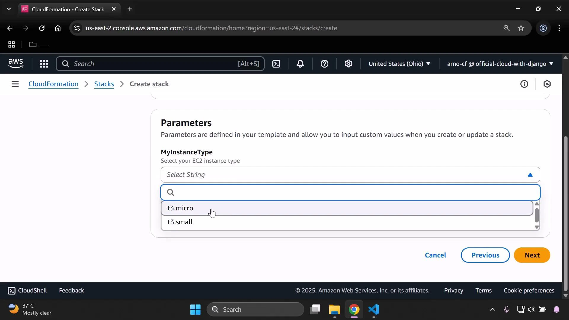 A screenshot of the AWS CloudFormation "Create stack" console showing the Parameters panel with an EC2 instance type dropdown open (options like t3.micro and t3.small) and navigation buttons (Cancel, Previous, Next). The browser window and Windows taskbar are also visible.