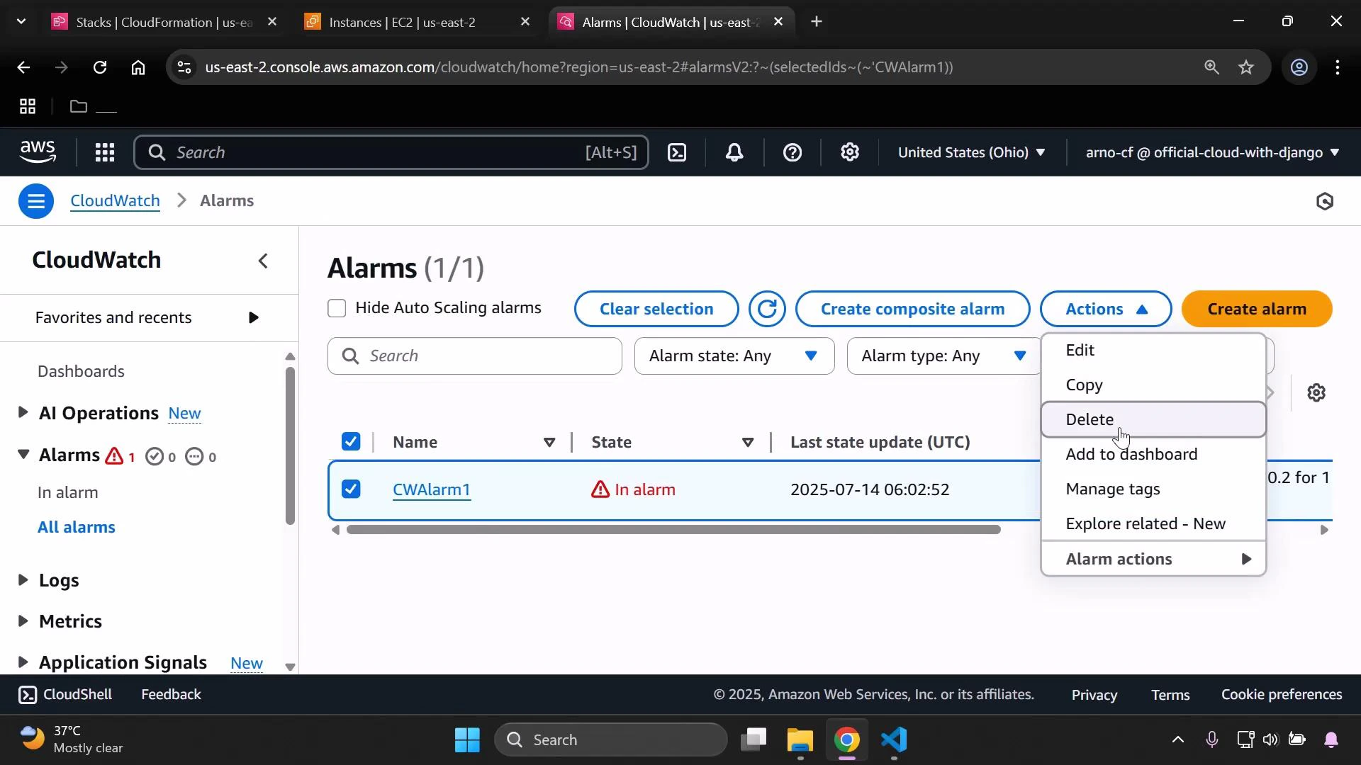 A screenshot of the AWS CloudWatch Alarms console showing one alarm (CWAlarm1) selected and in state "In alarm," with the Actions menu open and the "Delete" option highlighted. The sidebar navigation and top controls like "Create alarm" and "Create composite alarm" are also visible.