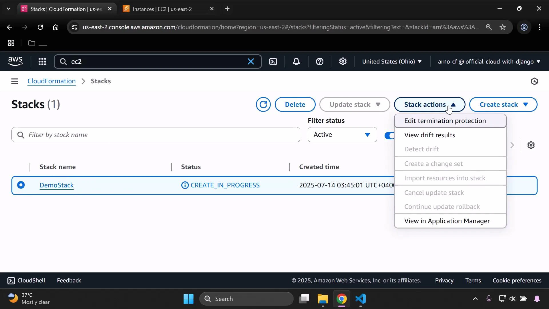 Screenshot of the AWS CloudFormation console listing one stack named "DemoStack" with status CREATE_IN_PROGRESS. The "Stack actions" dropdown is open and the region shown is US East (Ohio).