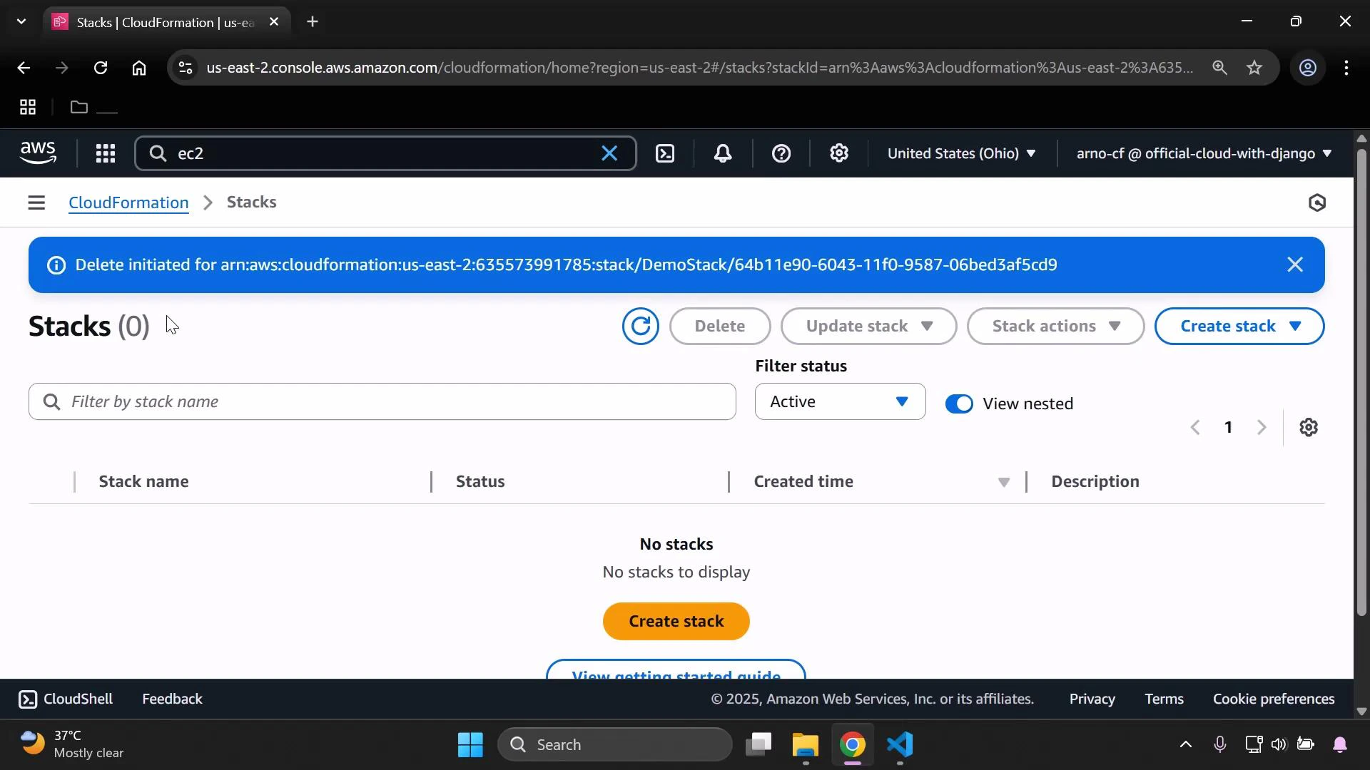 A screenshot of the AWS CloudFormation "Stacks" console showing no stacks to display. A blue banner says "Delete initiated..." for a stack, and there's a prominent "Create stack" button.