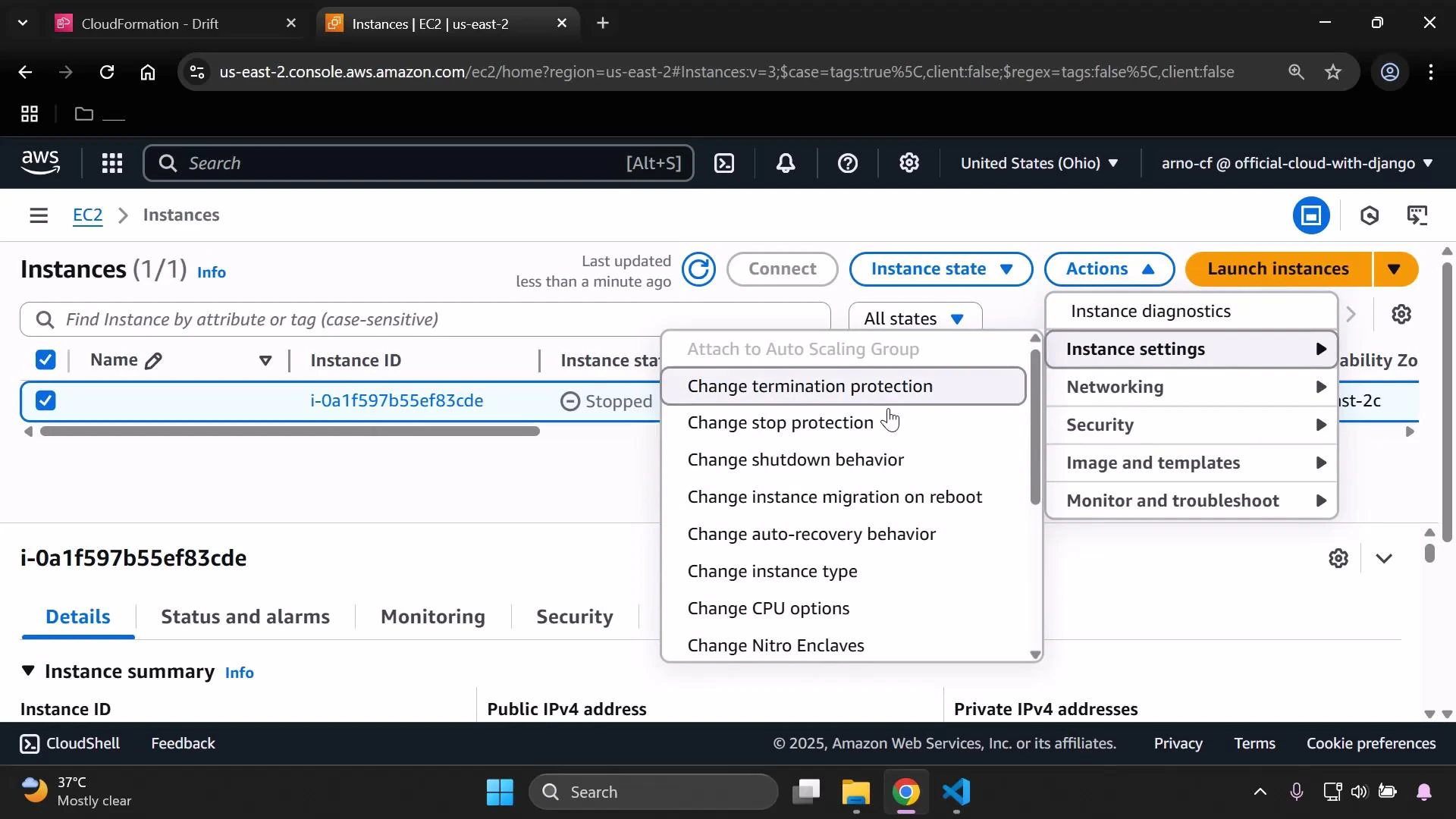 A screenshot of the AWS EC2 Instances console with one instance (i-0a1f597b55ef83cde) selected and shown as stopped. The Actions menu is open to "Instance settings," listing options like Change termination protection, stop protection, shutdown behavior, and more.