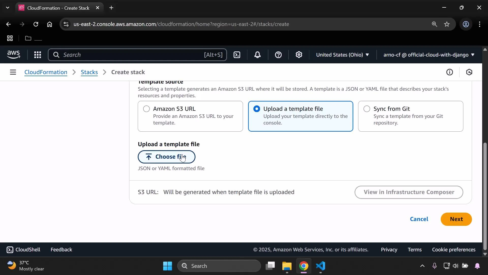 A screenshot of the AWS CloudFormation "Create stack" console with the "Upload a template file" option selected and a "Choose file" button for uploading a JSON or YAML template. The page shows navigation breadcrumbs and the Cancel/Next buttons at the bottom right.