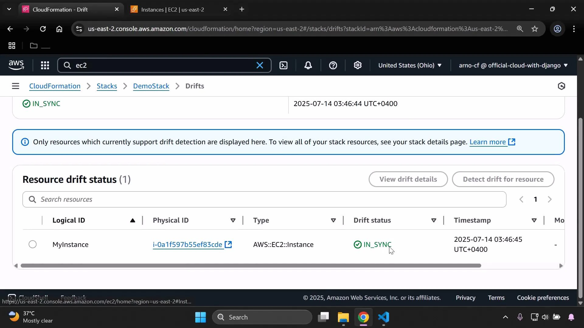 A screenshot of the AWS CloudFormation "Drifts" page showing one resource (Logical ID "MyInstance") which is an AWS::EC2::Instance with physical ID i-0a1f597b55ef83cde and a drift status of IN_SYNC. The timestamp and region (us-east-2 / United States (Ohio)) are also visible.