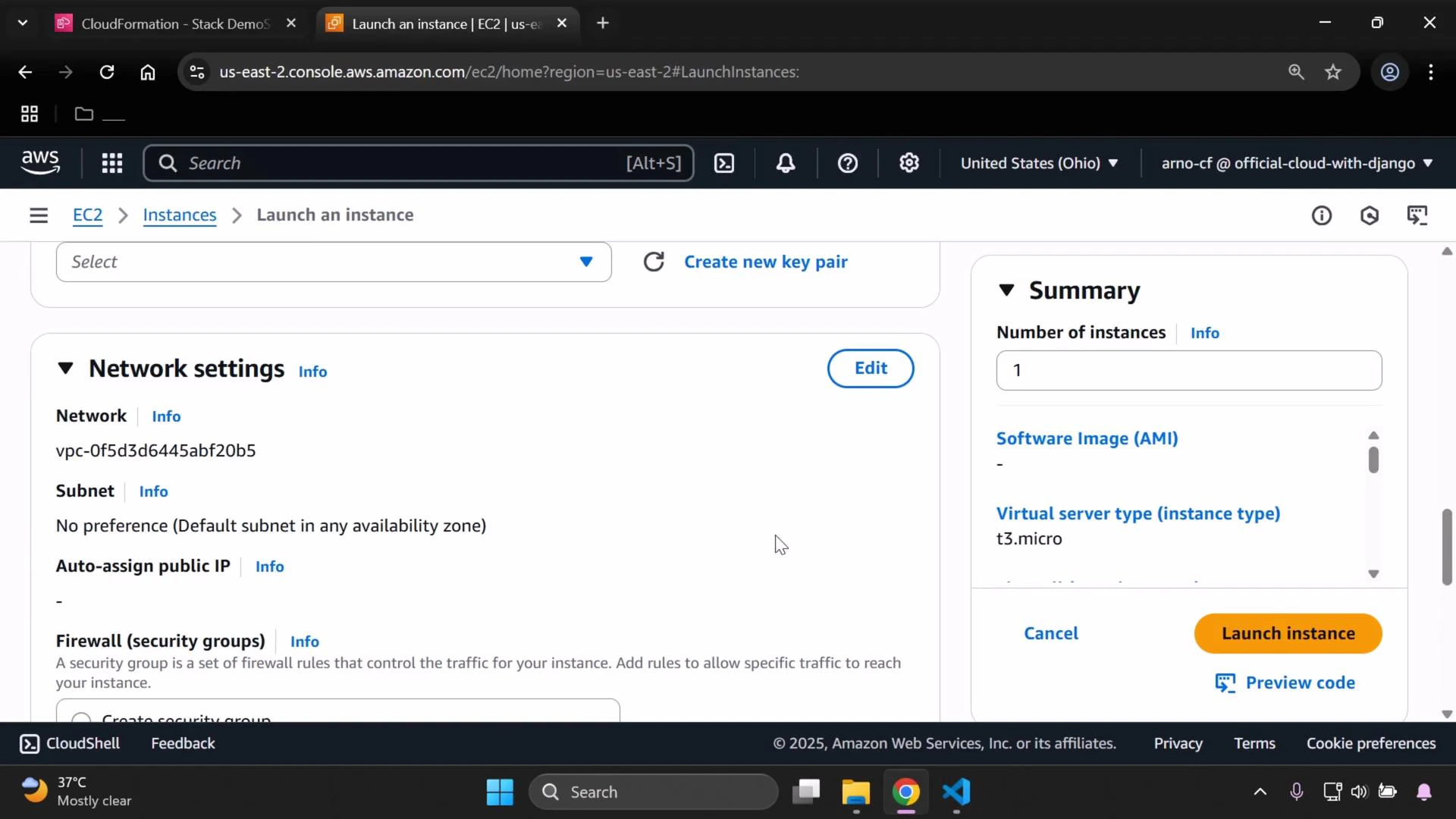 A screenshot of the AWS EC2 "Launch an instance" console. The left side shows Network settings with a VPC ID and subnet info, and the right summary panel shows one t3.micro instance with a "Launch instance" button.