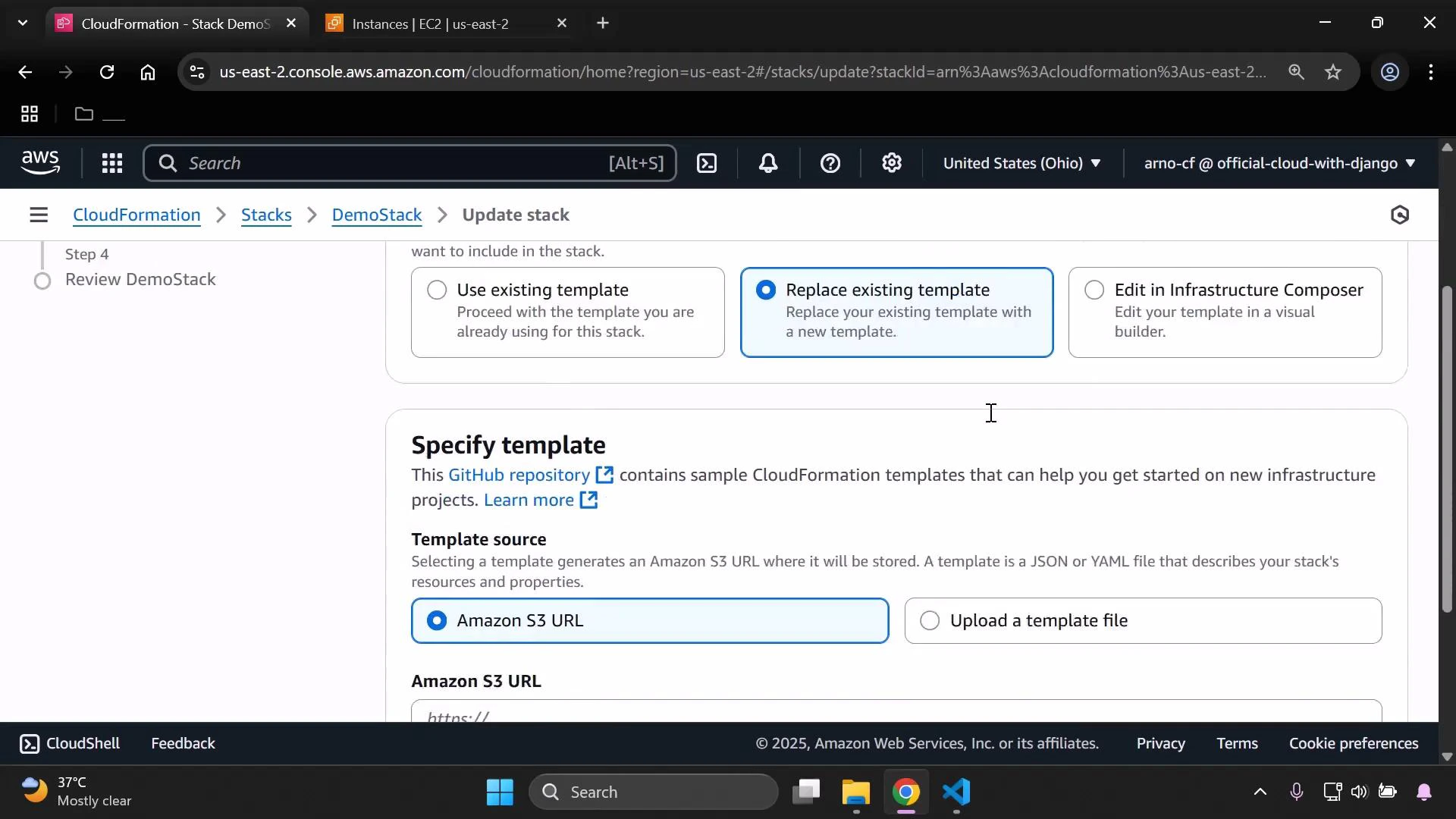 A screenshot of the AWS CloudFormation "Update stack" page showing options to replace an existing template and to specify a template source (Amazon S3 URL or upload a file). The browser window displays the DemoStack in the us-east-2 console with the system taskbar visible at the bottom.