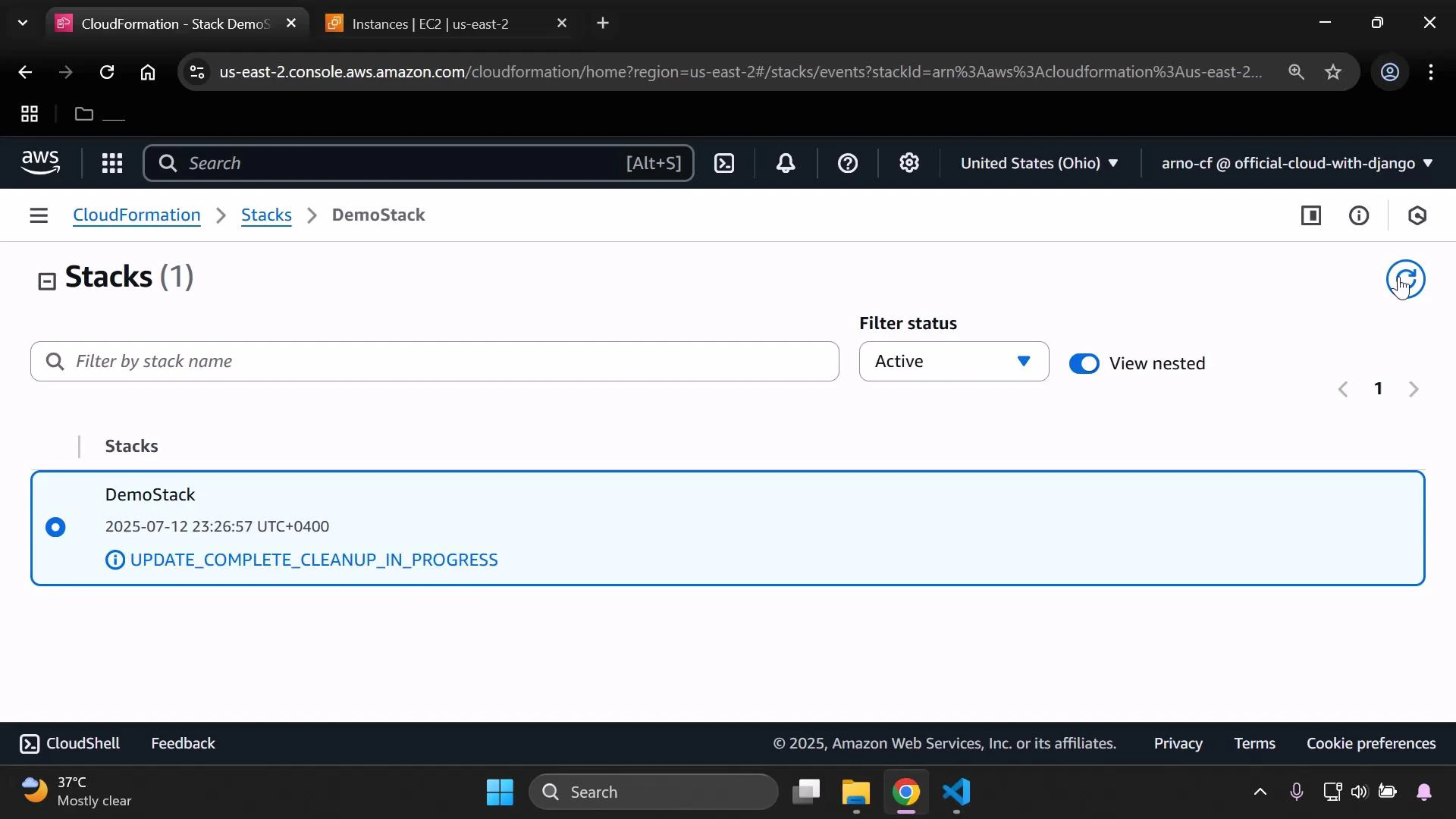 A screenshot of the AWS CloudFormation console showing the "Stacks" page with one stack named "DemoStack." The stack entry is timestamped and marked with the status "UPDATE_COMPLETE_CLEANUP_IN_PROGRESS."