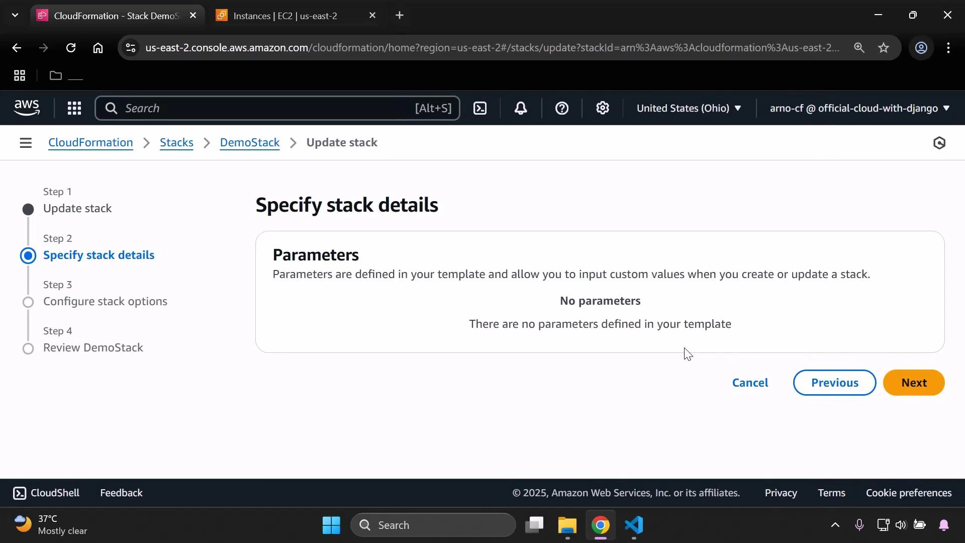 A screenshot of the AWS CloudFormation console on the "Specify stack details" step for updating a stack (DemoStack), showing a message that there are no parameters defined in the template. The left shows the update step list and navigation buttons (Cancel, Previous, Next) are at the bottom right.