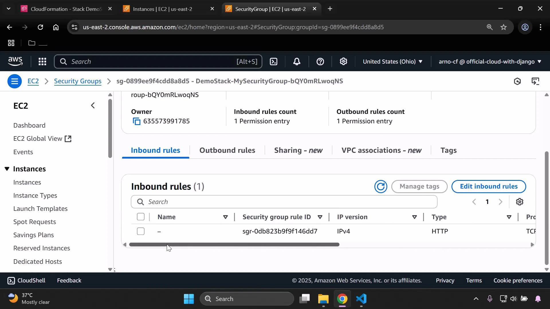 A screenshot of the AWS EC2 console open to a Security Group details page, showing the Inbound rules tab with a single IPv4 HTTP rule and its security group rule ID. The left sidebar shows EC2 navigation options.