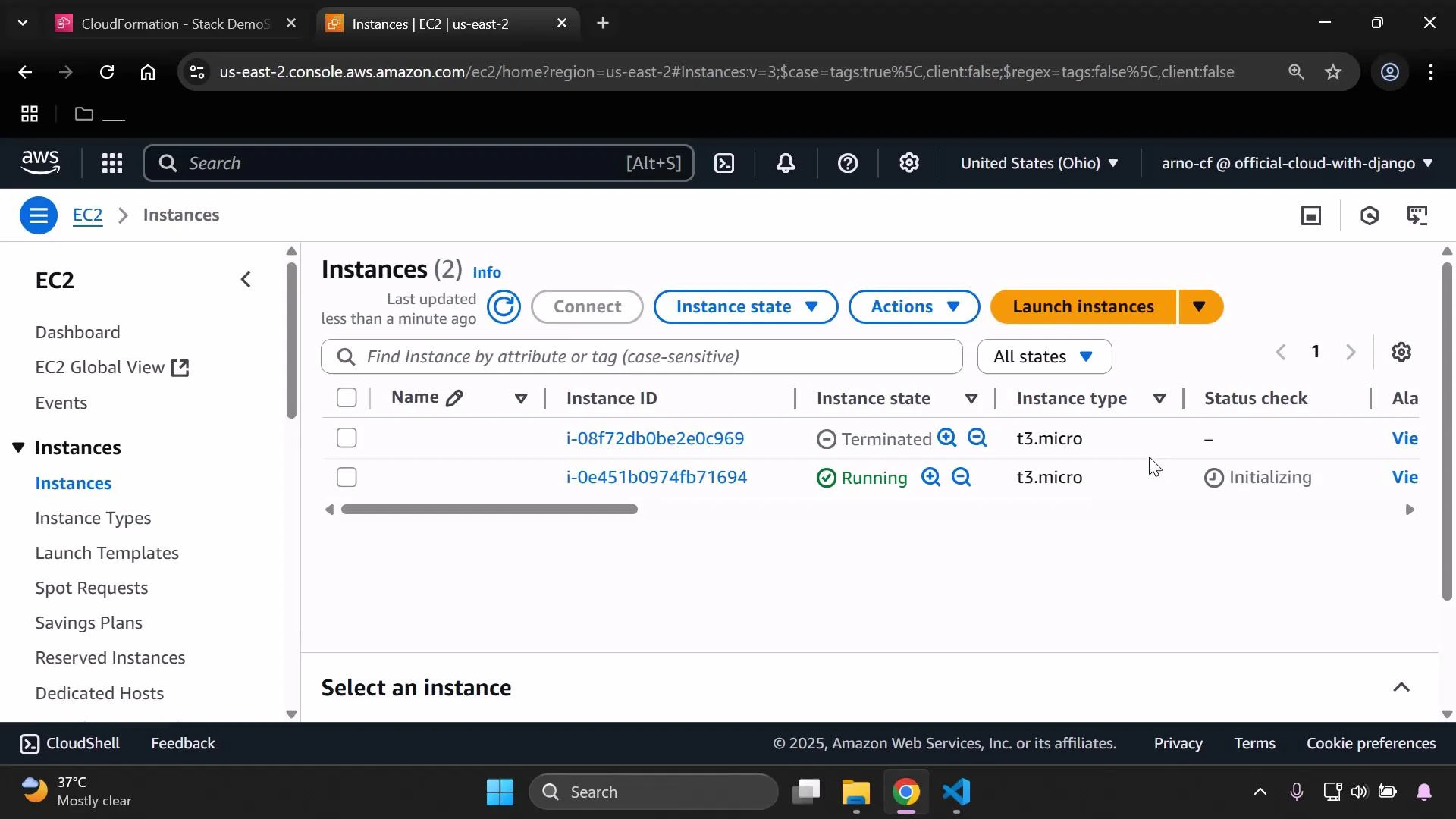 A screenshot of the AWS EC2 Instances console showing two instances listed — one terminated and one running (both t3.micro) with the "Launch instances" button visible. The console is in the us-east-2 (United States — Ohio) region.