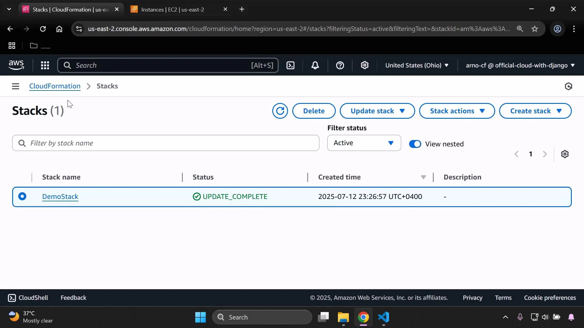 A screenshot of the AWS CloudFormation "Stacks" console. It shows a single stack named "DemoStack" with status "UPDATE_COMPLETE" and a created timestamp.