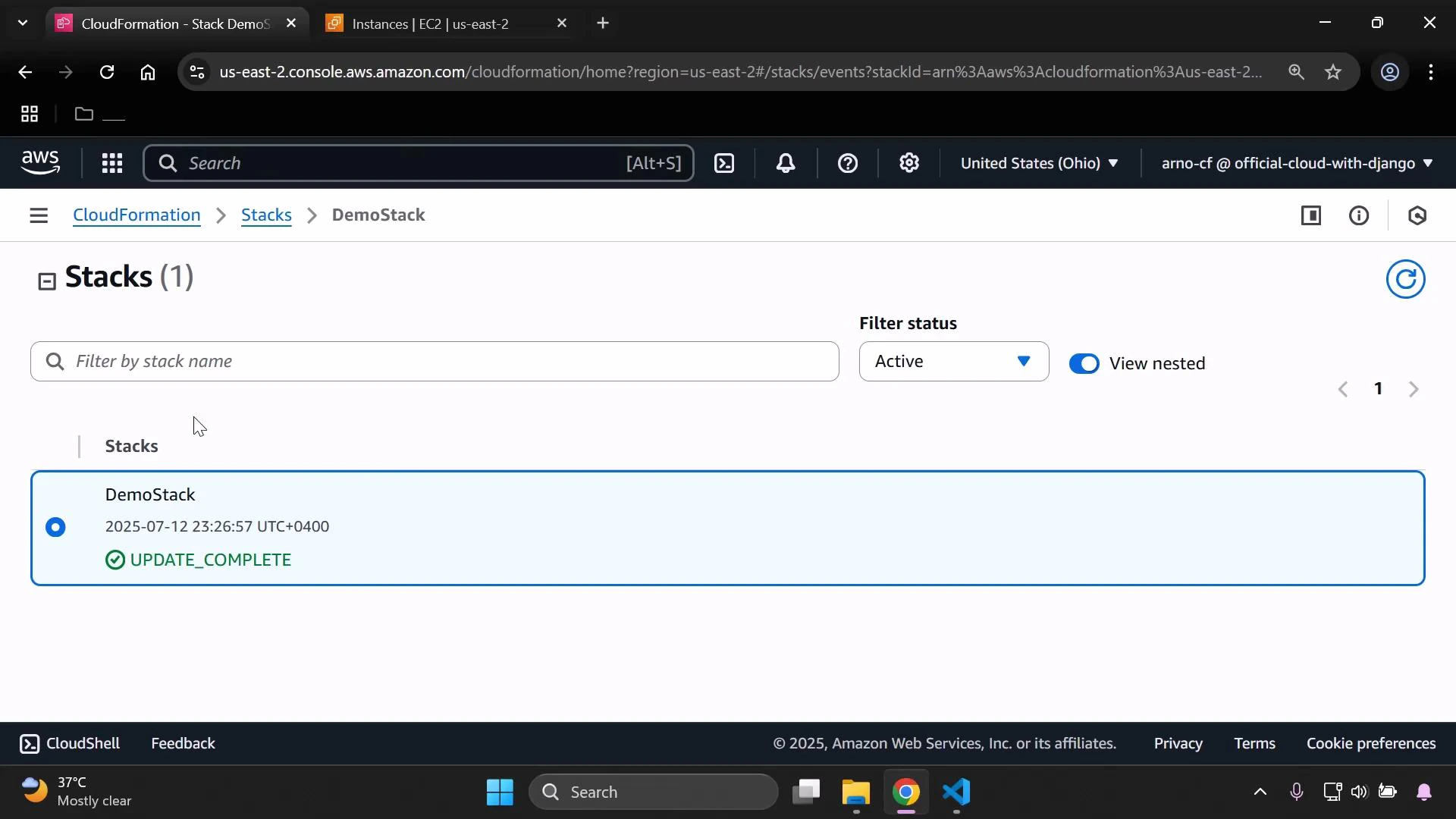 A screenshot of the AWS CloudFormation console showing one stack named "DemoStack" with a timestamp and status "UPDATE_COMPLETE." The filter status is set to "Active" and the "View nested" toggle is on.
