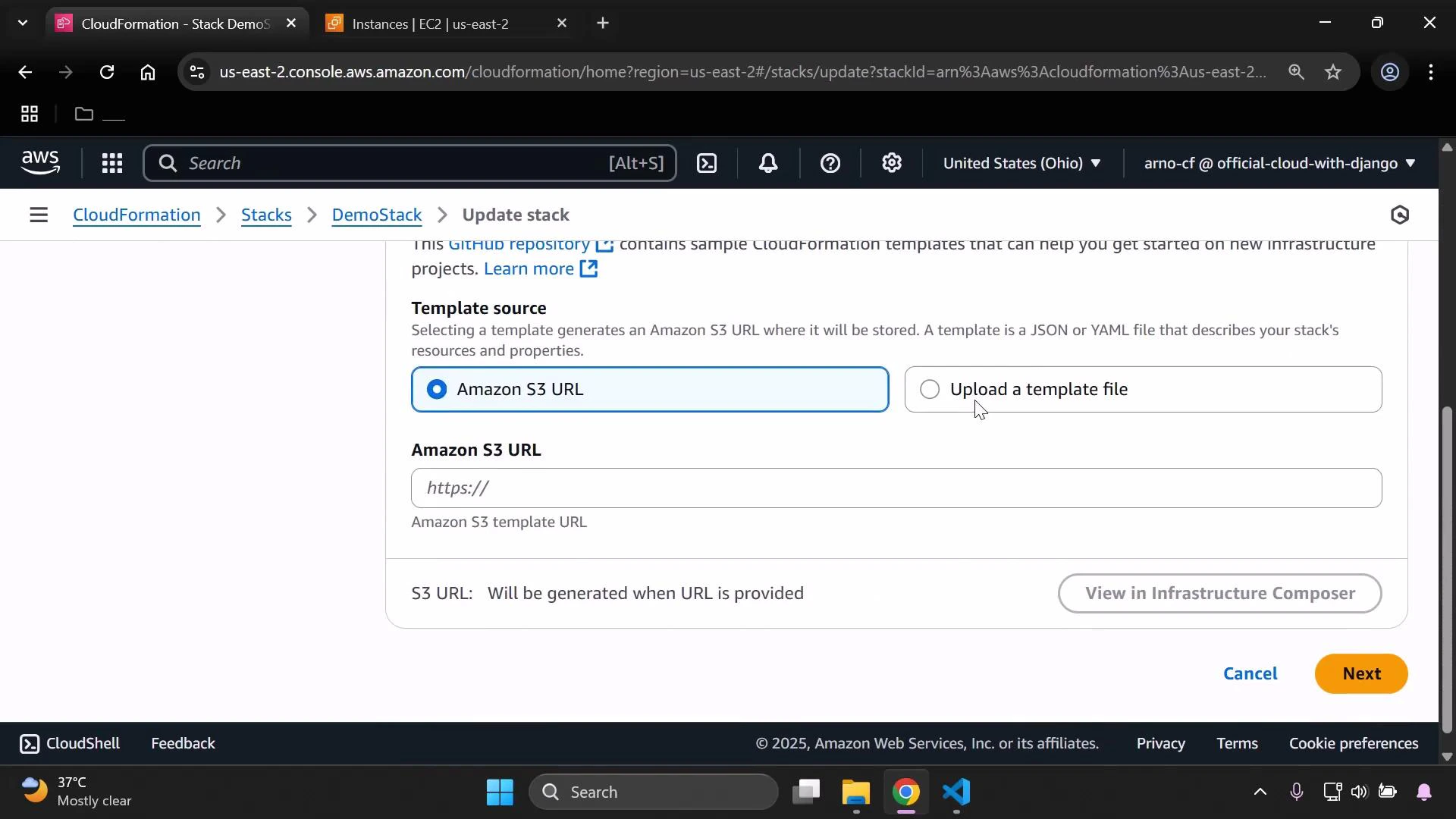A browser screenshot of the AWS CloudFormation console showing the "Update stack" page where you can choose a template source (Amazon S3 URL or upload a template file). The page includes an input for the S3 URL and "Cancel" and "Next" buttons.