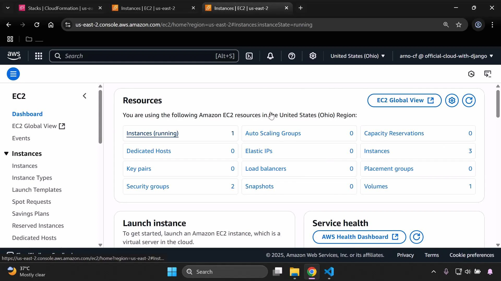 A screenshot of the AWS EC2 console (United States — Ohio region) showing the Resources dashboard with counts for Instances (running), Security groups, Volumes, and other EC2 resources. The left sidebar shows EC2 navigation items and the top and bottom show the browser tabs and Windows taskbar.