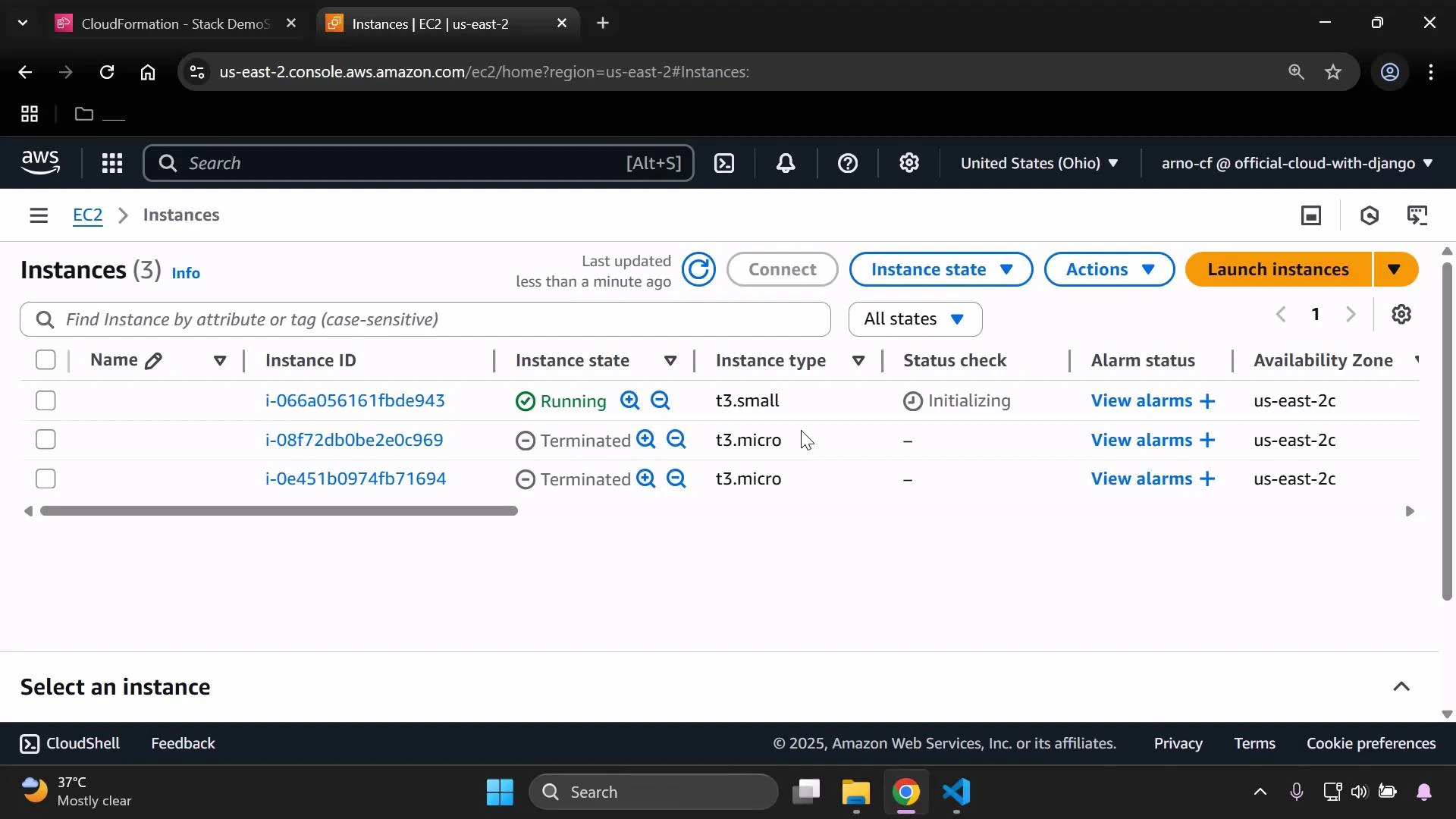 A screenshot of the AWS EC2 Instances console showing three instances in the us-east-2 region; one is Running (t3.small) while two are Terminated (t3.micro). The table displays instance IDs, status checks, availability zone, and the "Launch instances" action.