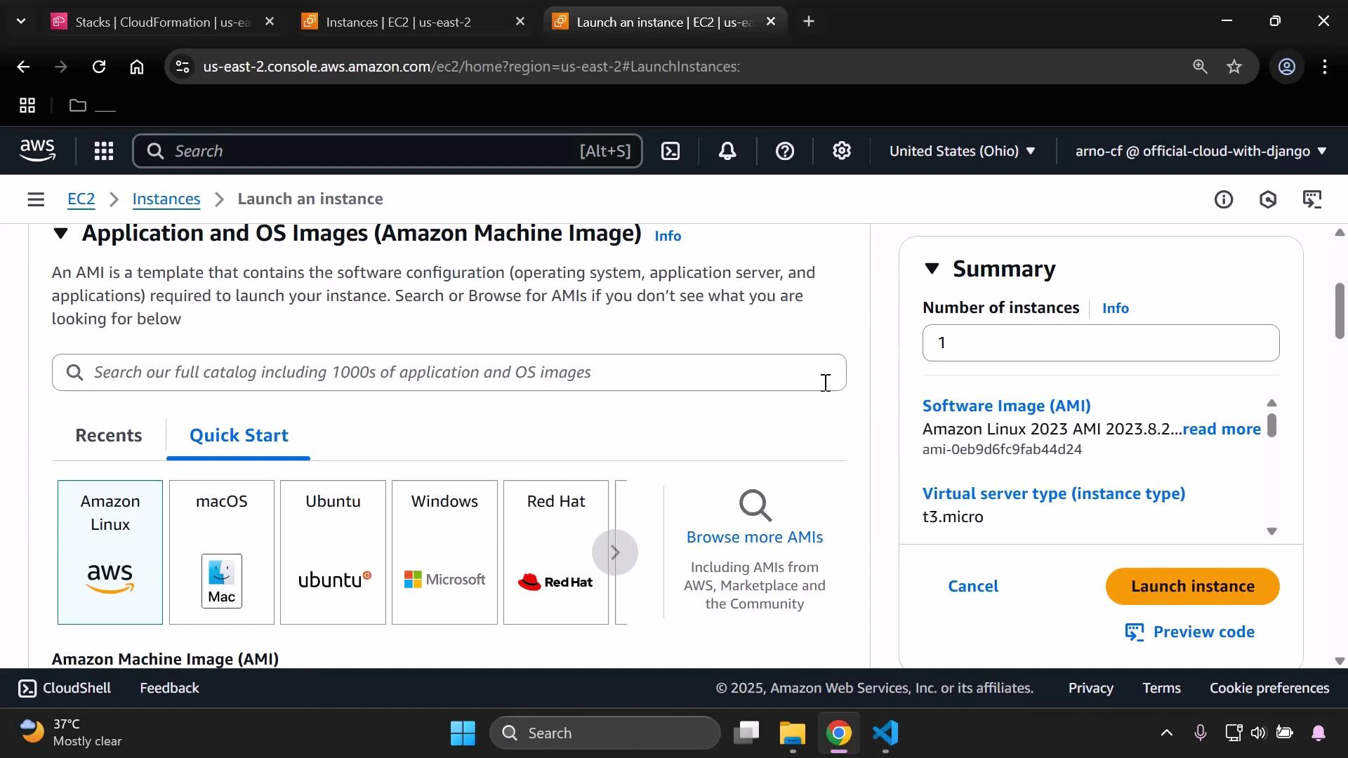 A screenshot of the AWS EC2 "Launch an instance" console showing AMI selection with quick-start tiles for Amazon Linux, macOS, Ubuntu, Windows, and Red Hat. A right-hand Summary pane displays the number of instances, selected AMI details, and a "Launch instance" button.