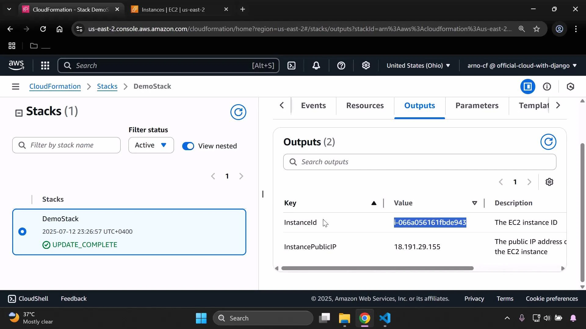 Screenshot of the AWS CloudFormation console showing a stack named "DemoStack" (status UPDATE_COMPLETE). The Outputs pane lists an EC2 InstanceId and its public IP address.