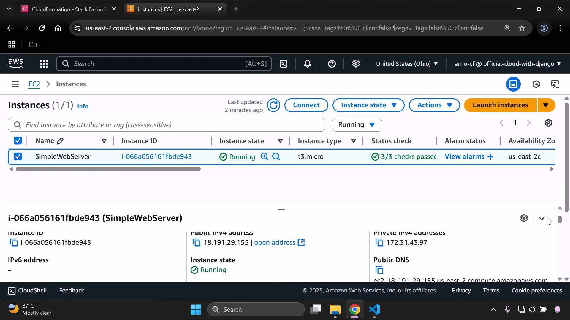 Screenshot of the AWS EC2 Instances page showing a running instance named "SimpleWebServer." The t3.micro instance (i-066a056161fbde943) has public IP 18.191.29.155 and shows 3/3 status checks passed.