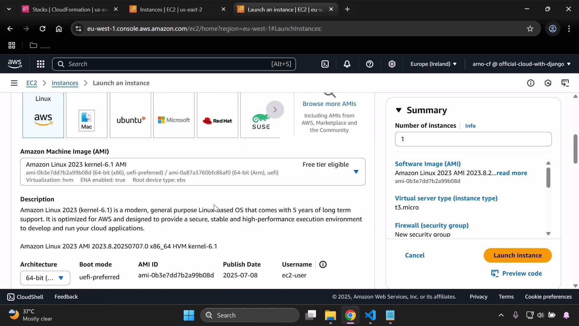 A browser screenshot of the AWS EC2 "Launch an instance" console with the Amazon Linux 2023 AMI selected, showing AMI details (architecture, boot mode, AMI ID) and description. The right-hand Summary panel lists the instance count, instance type (t3.micro), security group and a "Launch instance" button.