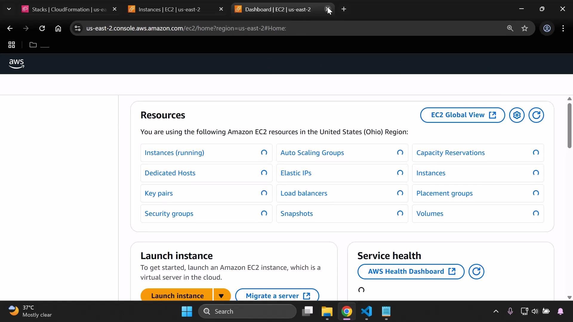 A web browser screenshot of the Amazon Web Services EC2 dashboard showing the "Resources" panel listing EC2 items (Instances, Security groups, Elastic IPs, Load balancers, etc.) for the US-East-2 (Ohio) region. The lower panels show "Launch instance" and "Service health" options.