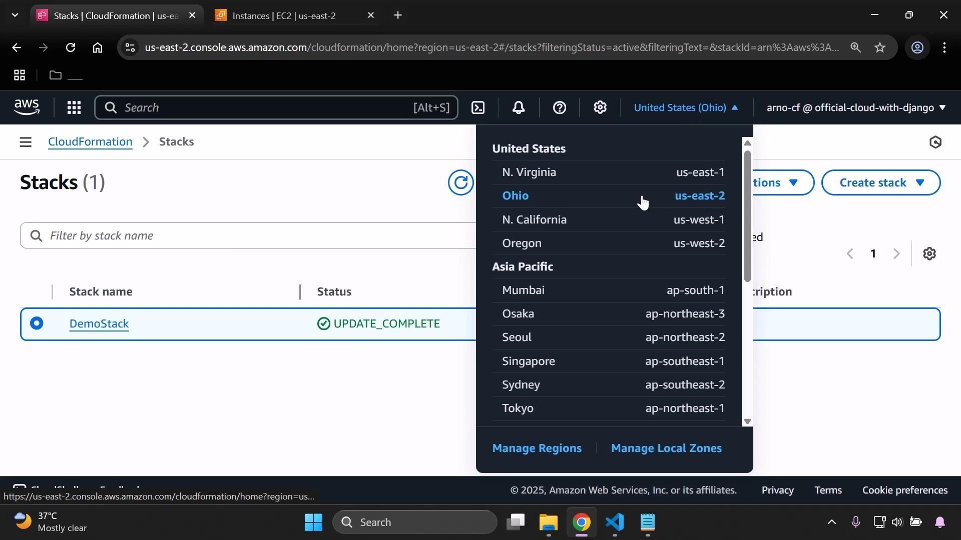 A screenshot of the AWS Management Console showing the CloudFormation "Stacks" page with one stack named "DemoStack" marked UPDATE_COMPLETE. The region selector is open and highlights the United States (Ohio) us-east-2 region.