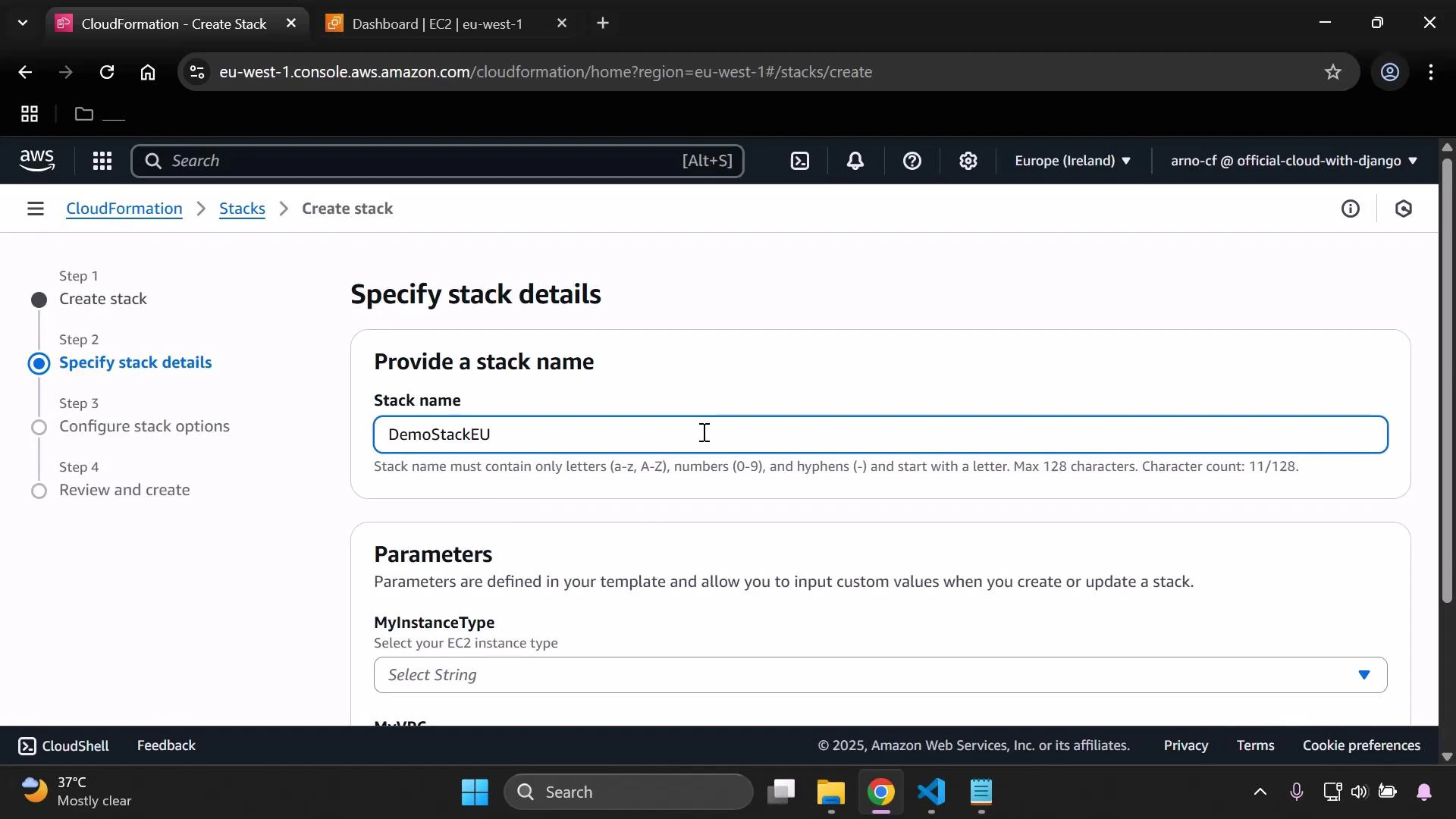 A screenshot of the AWS CloudFormation "Create stack" page showing the "Specify stack details" step with the stack name "DemoStackEU" entered. The left progress pane lists the workflow steps and a Parameters section is visible below.
