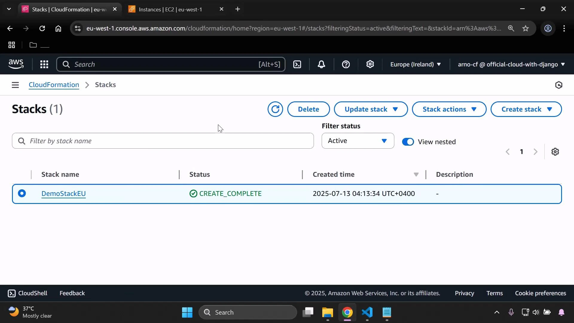 A screenshot of the AWS CloudFormation Stacks console showing one stack named "DemoStackEU" with status "CREATE_COMPLETE" and a creation timestamp. The top toolbar shows action buttons like Delete, Update stack, Stack actions and Create stack.