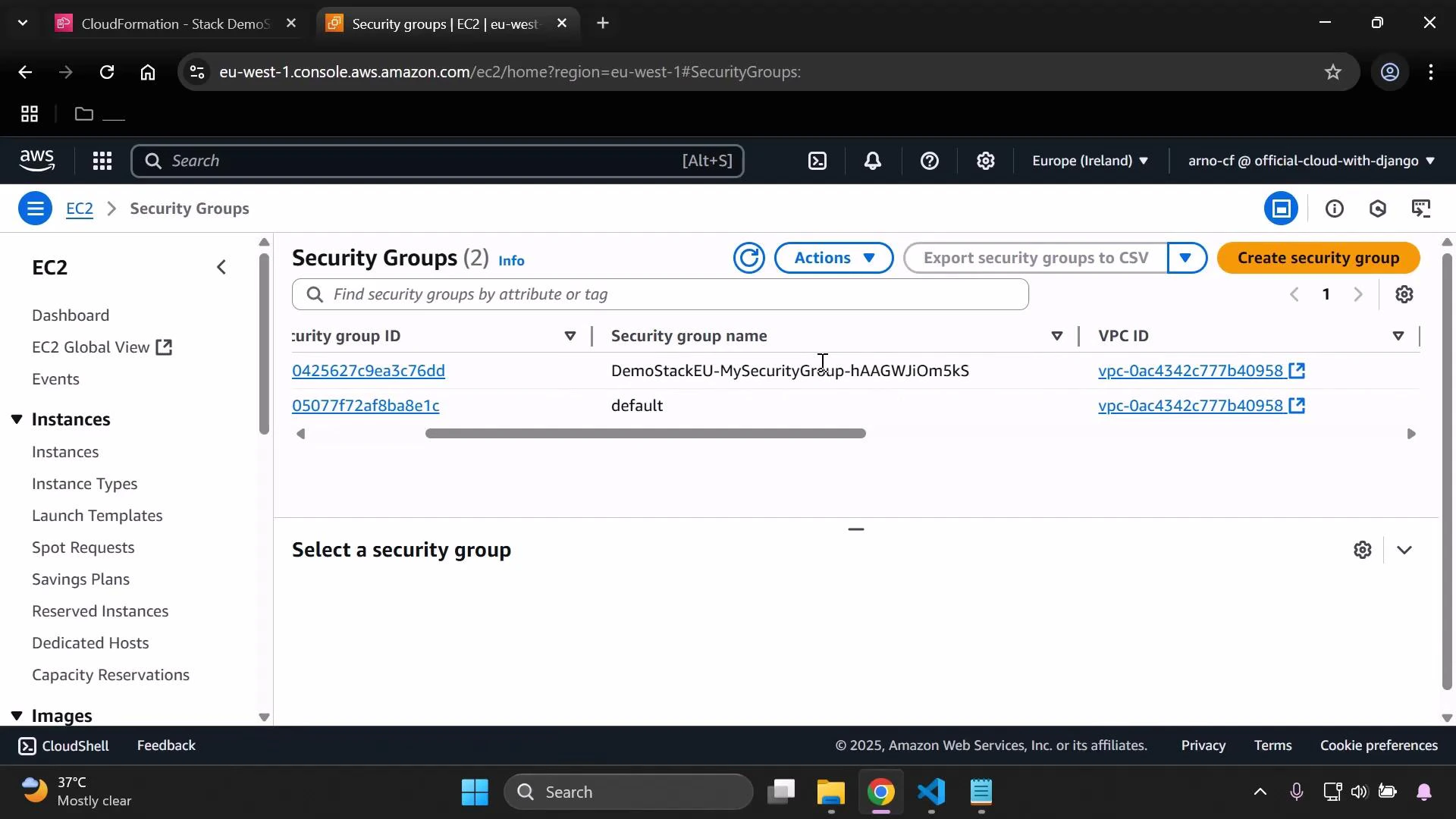 Screenshot of the AWS EC2 console on the Security Groups page, showing two security groups listed — "DemoStackEU-MySecurityGroup-..." and "default" — with their security group IDs and VPC IDs. The left navigation shows EC2 sections (Instances, Images) and the top bar indicates the Europe (Ireland) region.