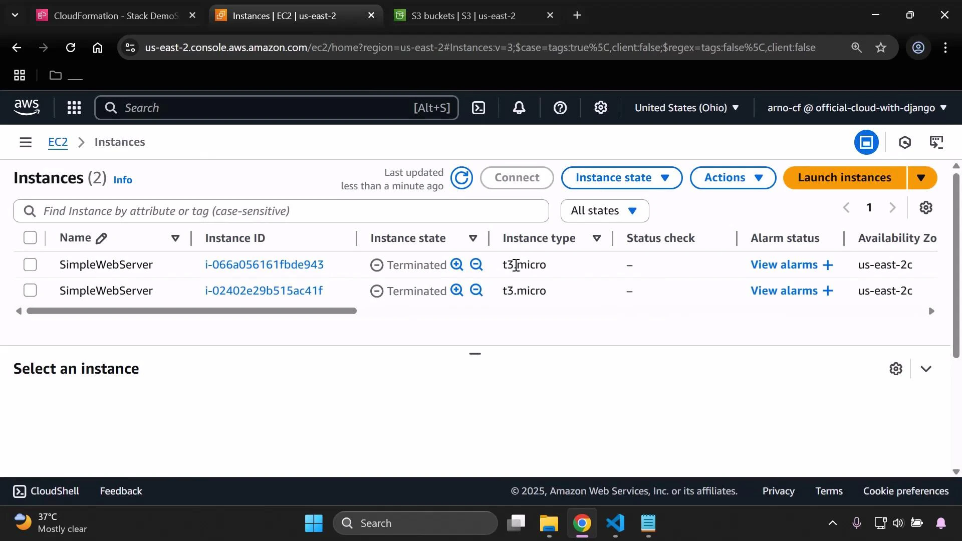 A screenshot of the AWS EC2 Instances console showing two instances named "SimpleWebServer" (both listed as Terminated) with t3.micro instance types and their instance IDs visible. The page shows controls like Connect and Launch instances and indicates the region is us-east-2 (Ohio).