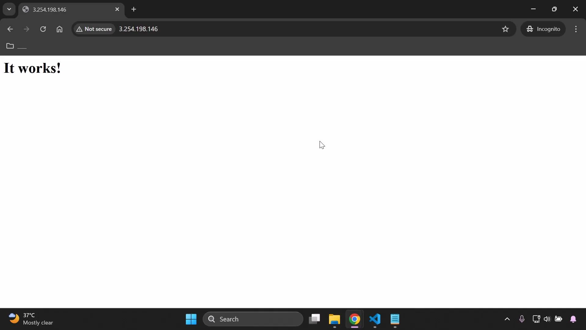 A web browser window displaying a minimal webpage with the large text "It works!" and the address bar showing the IP 3.254.198.146 marked "Not secure." The Windows desktop taskbar is visible at the bottom with app icons and a weather indicator.
