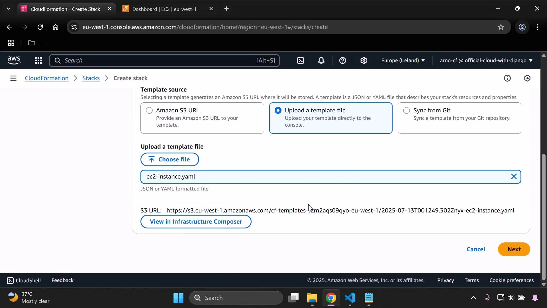 A screenshot of the AWS CloudFormation "Create stack" page with the "Upload a template file" option selected and the file "ec2-instance.yaml" chosen. An S3 URL for the uploaded template and the "Next" button are visible.