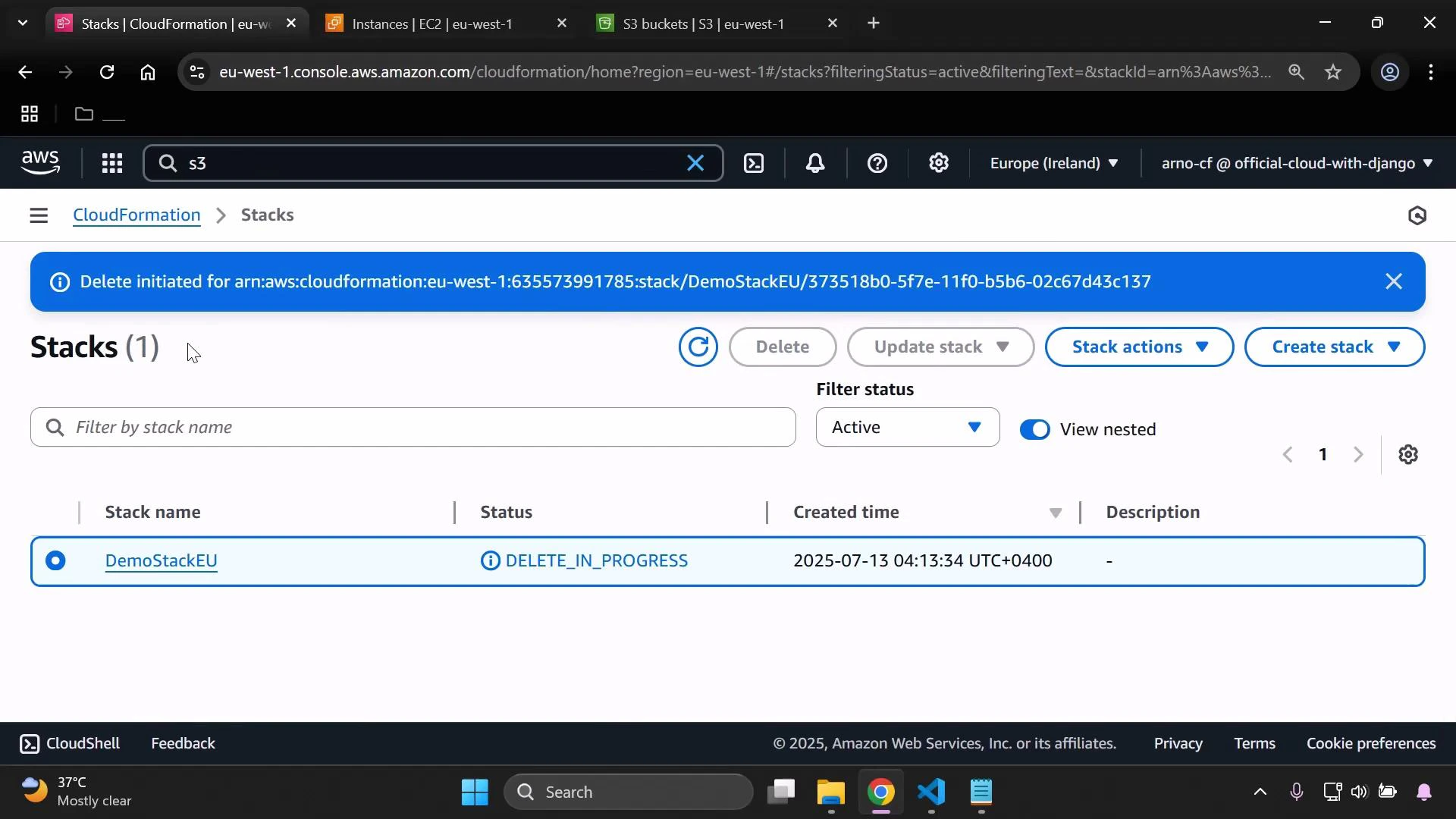 A screenshot of the AWS CloudFormation console showing one stack named "DemoStackEU" with status "DELETE_IN_PROGRESS" and a blue banner that says delete initiated. The page is in the eu-west-1 (Europe — Ireland) region.
