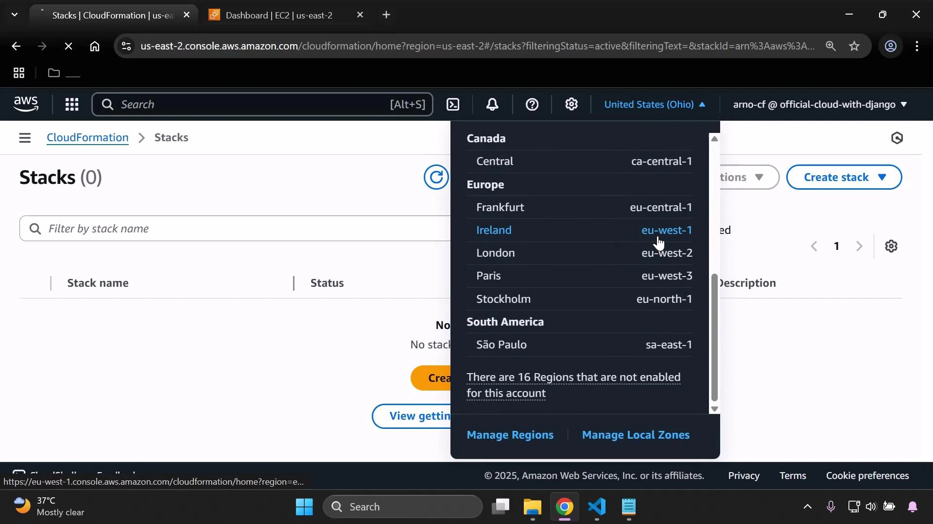 A screenshot of the AWS CloudFormation console showing "Stacks (0)" and an empty stack list. A region selector dropdown is open, listing multiple regions (Europe, South America, etc.) with Ireland (eu-west-1) highlighted.