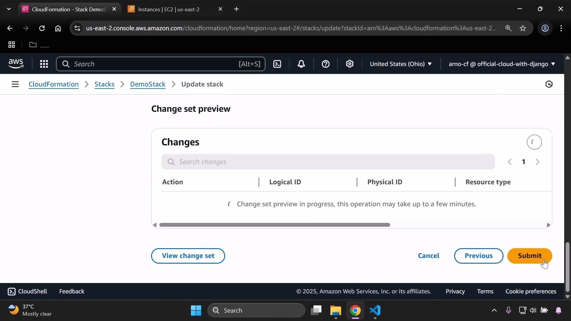 Screenshot of the AWS CloudFormation console showing a "Change set preview" page with an empty/ loading Changes panel. Buttons at the bottom include "View change set", "Cancel", "Previous", and an orange "Submit" button.