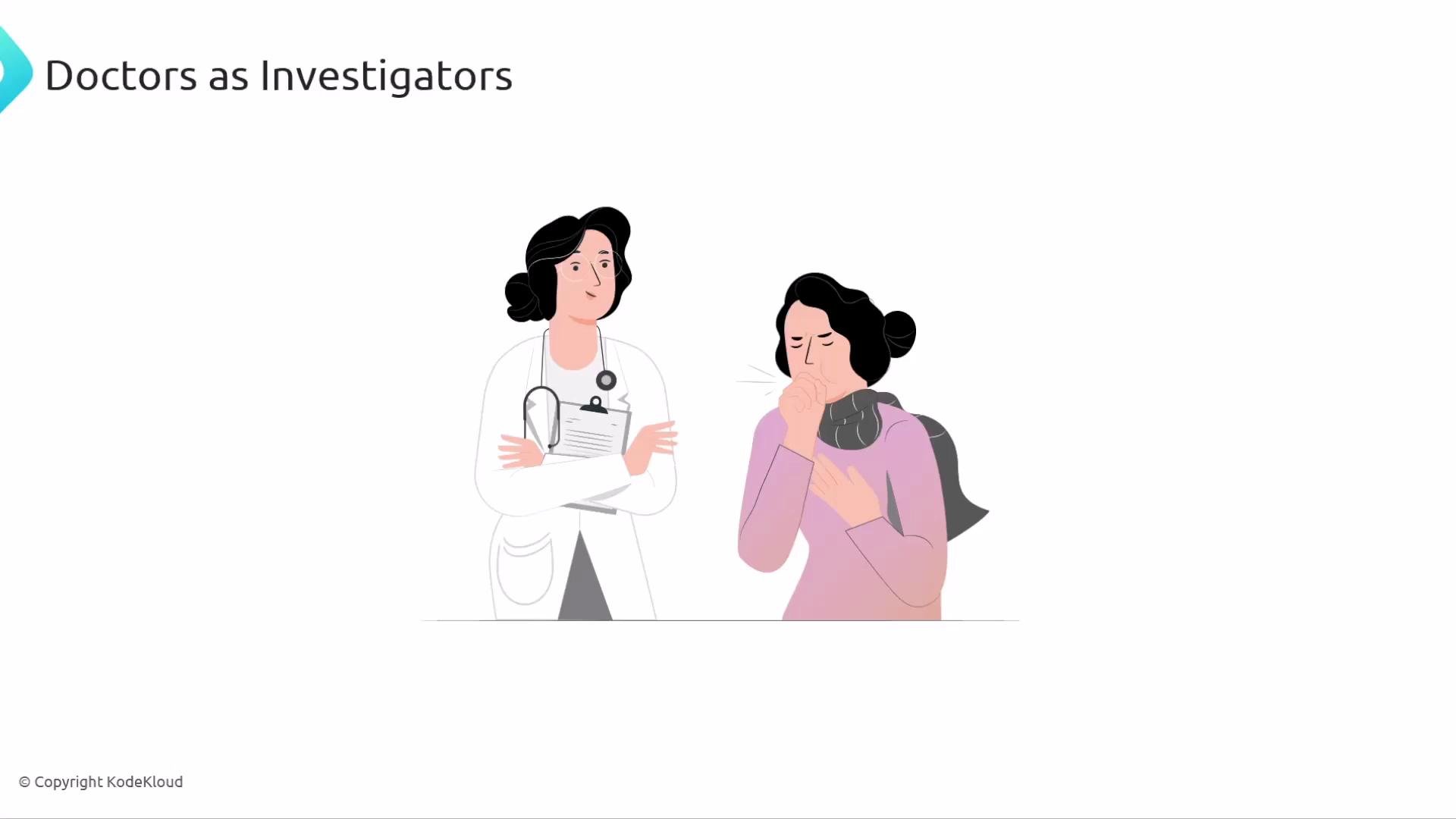 The image shows a doctor with a clipboard and a patient coughing, titled "Doctors as Investigators."