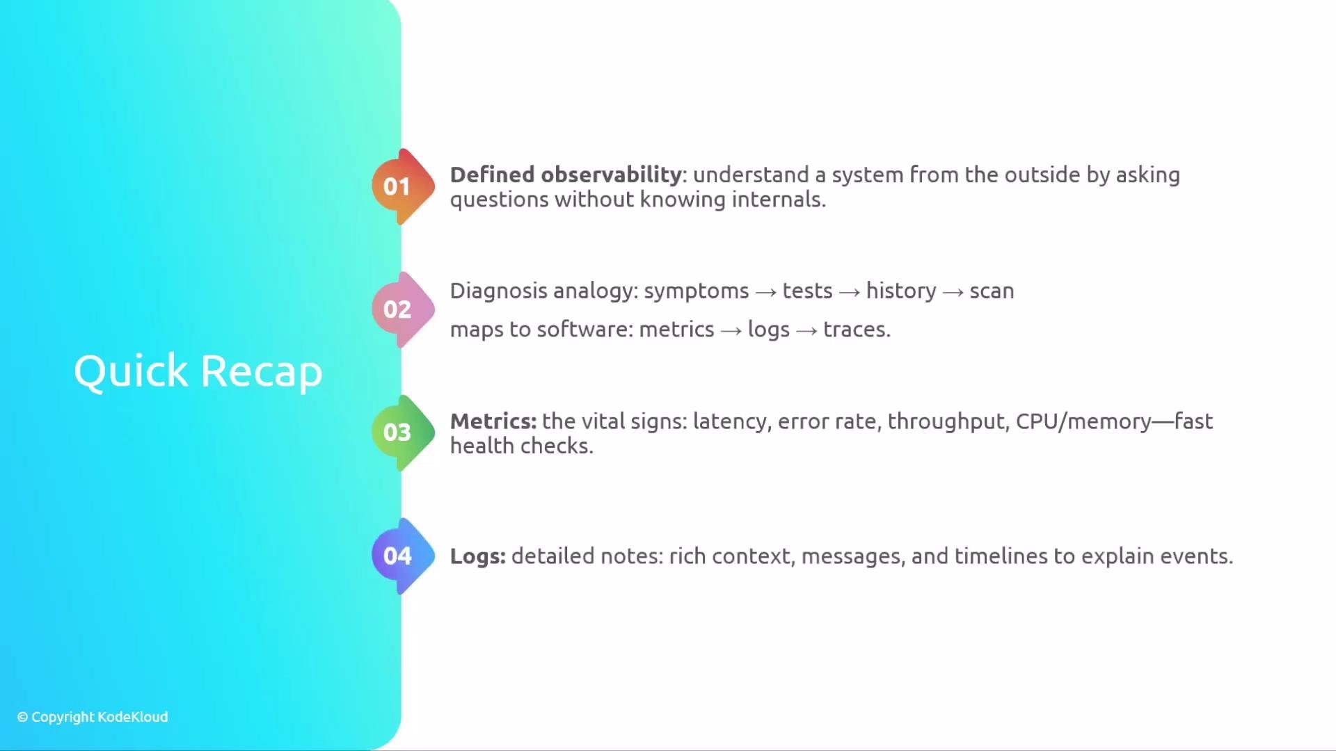 The image is a "Quick Recap" slide summarizing key points about observability, diagnosis analogy, metrics, and logs in a software system. Each point is numbered and explained briefly.