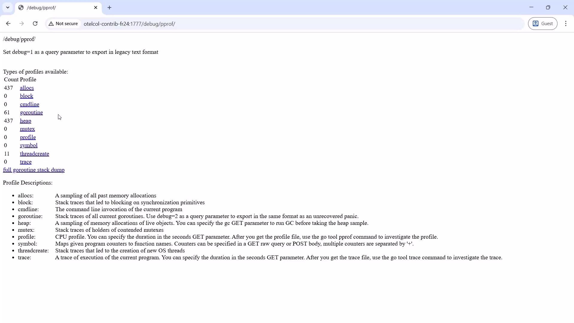 The image shows a web page displaying profiling data from the /debug/pprof/ endpoint, listing types of profiles available and their respective descriptions. The profiles include allocations, goroutines, heap, and others, with associated counts.