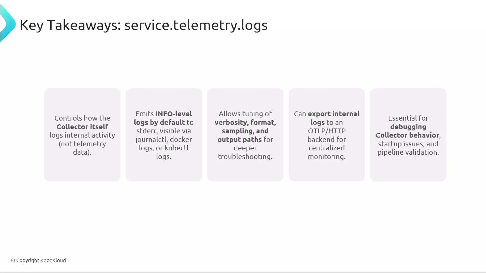 The image outlines key takeaways related to service telemetry logs, including details on log control, verbosity, export, and debugging for centralized monitoring and troubleshooting.