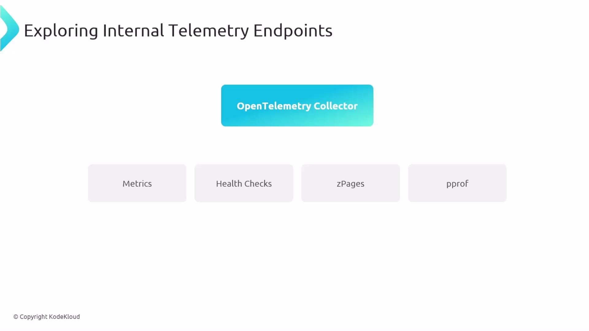 The image is a diagram titled "Exploring Internal Telemetry Endpoints," featuring the "OpenTelemetry Collector" and various components like Metrics, Health Checks, zPages, and pprof.