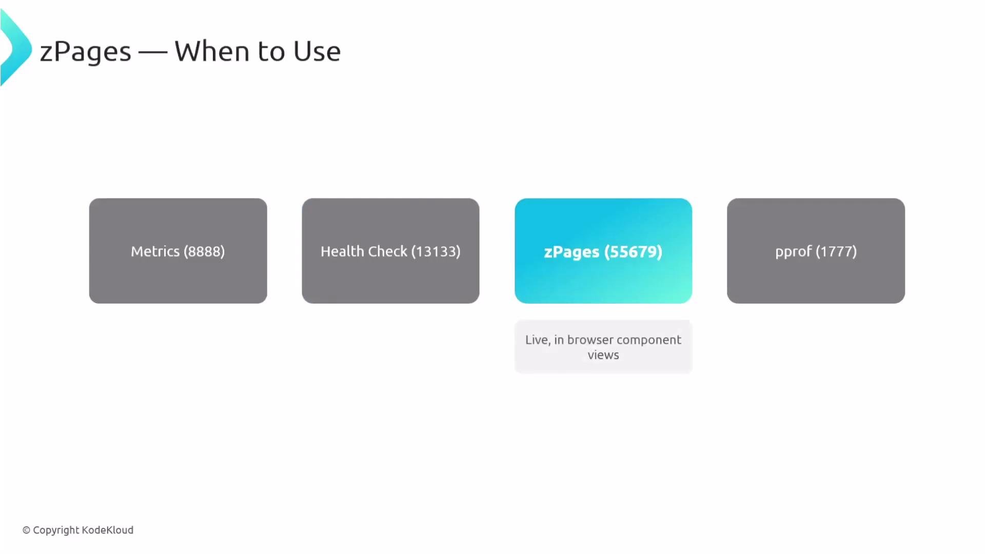 The image is a screenshot showing different components with associated ports, specifically "Metrics (8888)," "Health Check (13133)," "zPages (55679)," and "pprof (1777)." The "zPages" component is highlighted, with a note about live, in-browser component views.