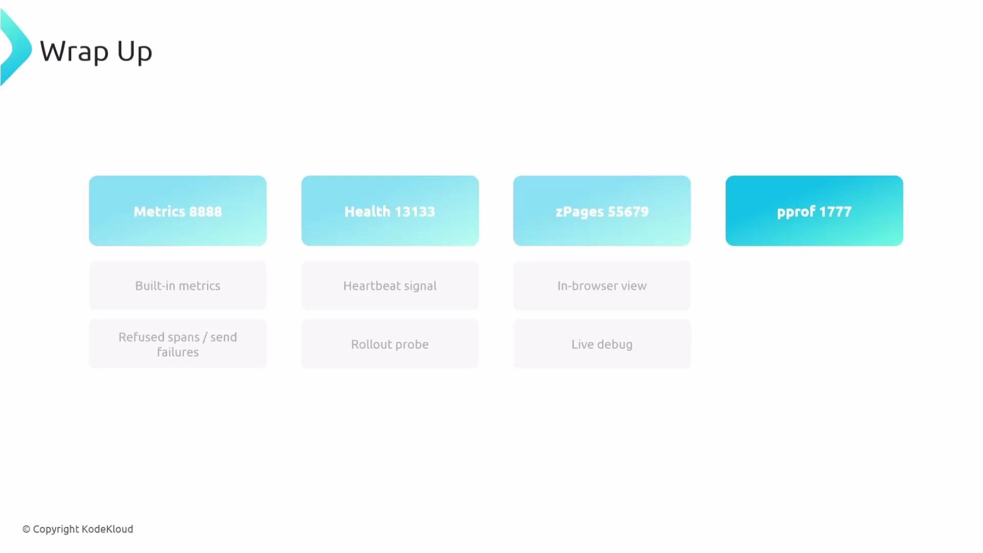 The image shows a "Wrap Up" slide with four sections: Metrics 8888, Health 13133, zPages 55679, and pprof 1777, each with related features like built-in metrics, heartbeat signal, in-browser view, and live debug.