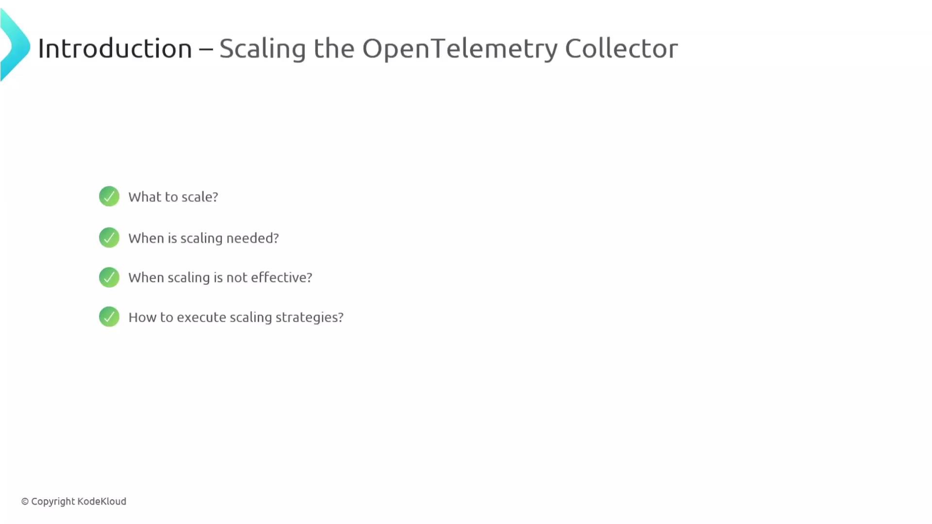 The image is a slide titled "Introduction – Scaling the OpenTelemetry Collector," listing topics such as what to scale, when scaling is needed, when scaling is not effective, and how to execute scaling strategies.
